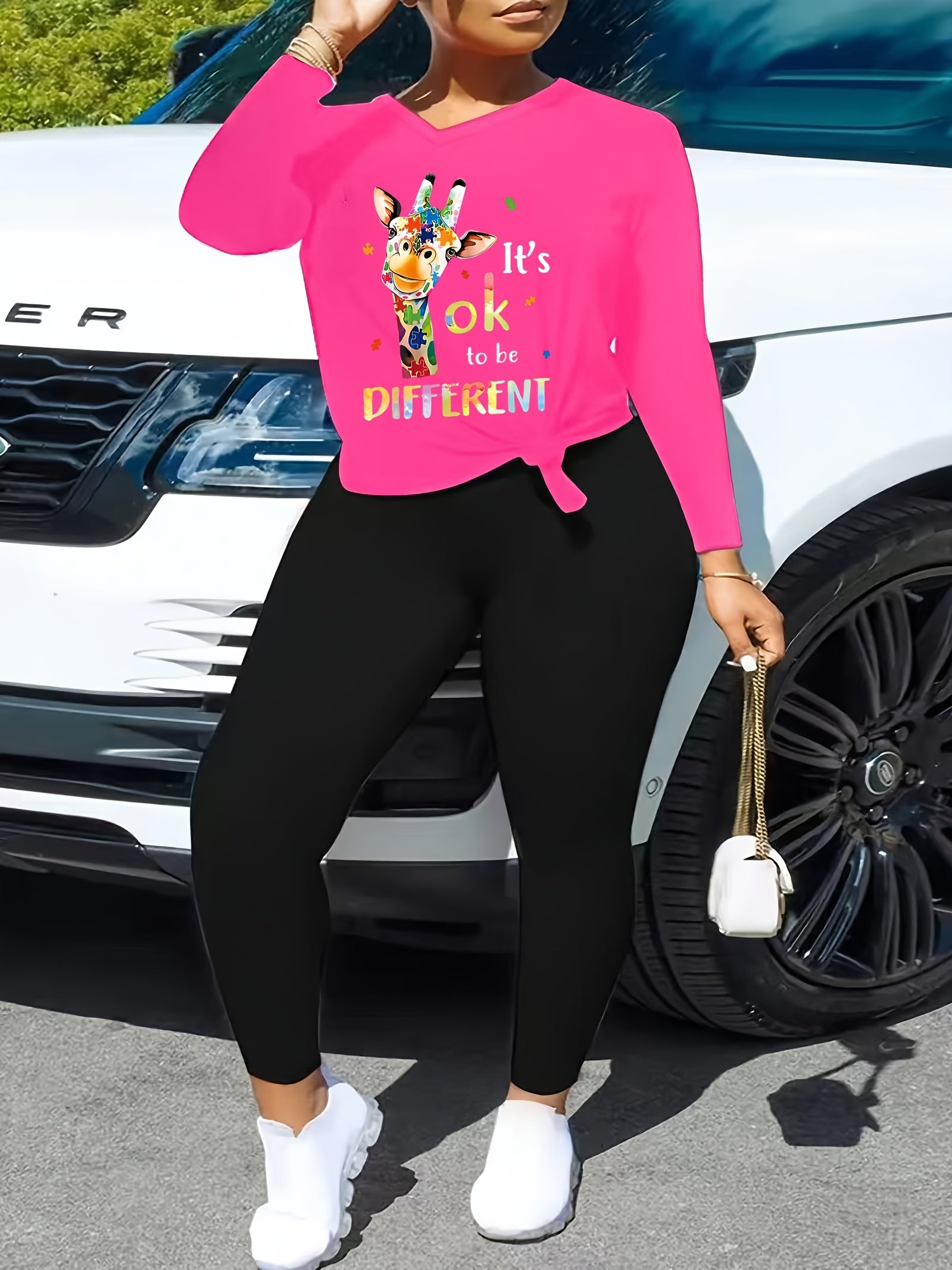 Women's Plus Size Slogan & Animal Print 2 Piece Set
