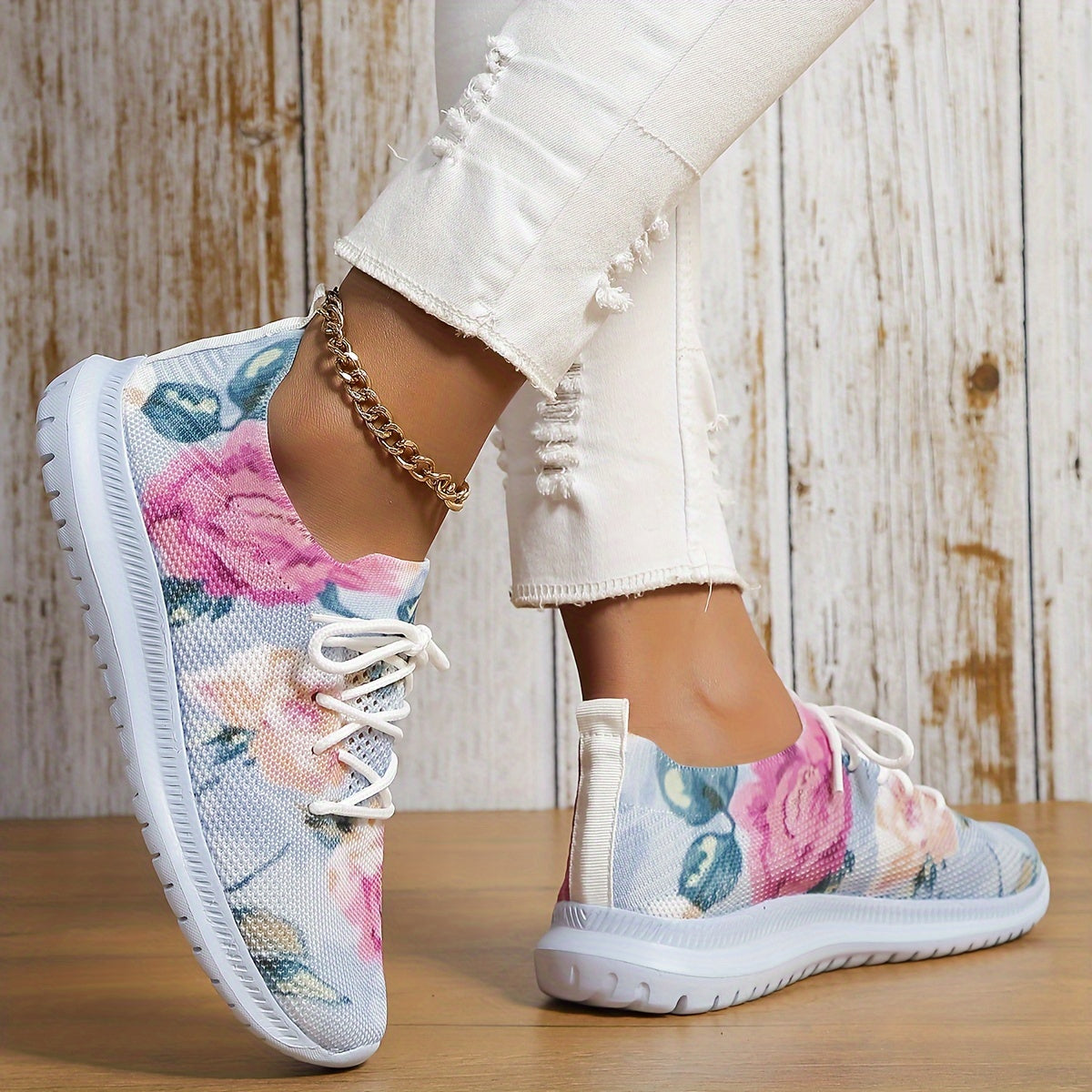 Flower Print Mesh Lightweight Running Shoes Breathable Non Slip Outdoor Sneakers
