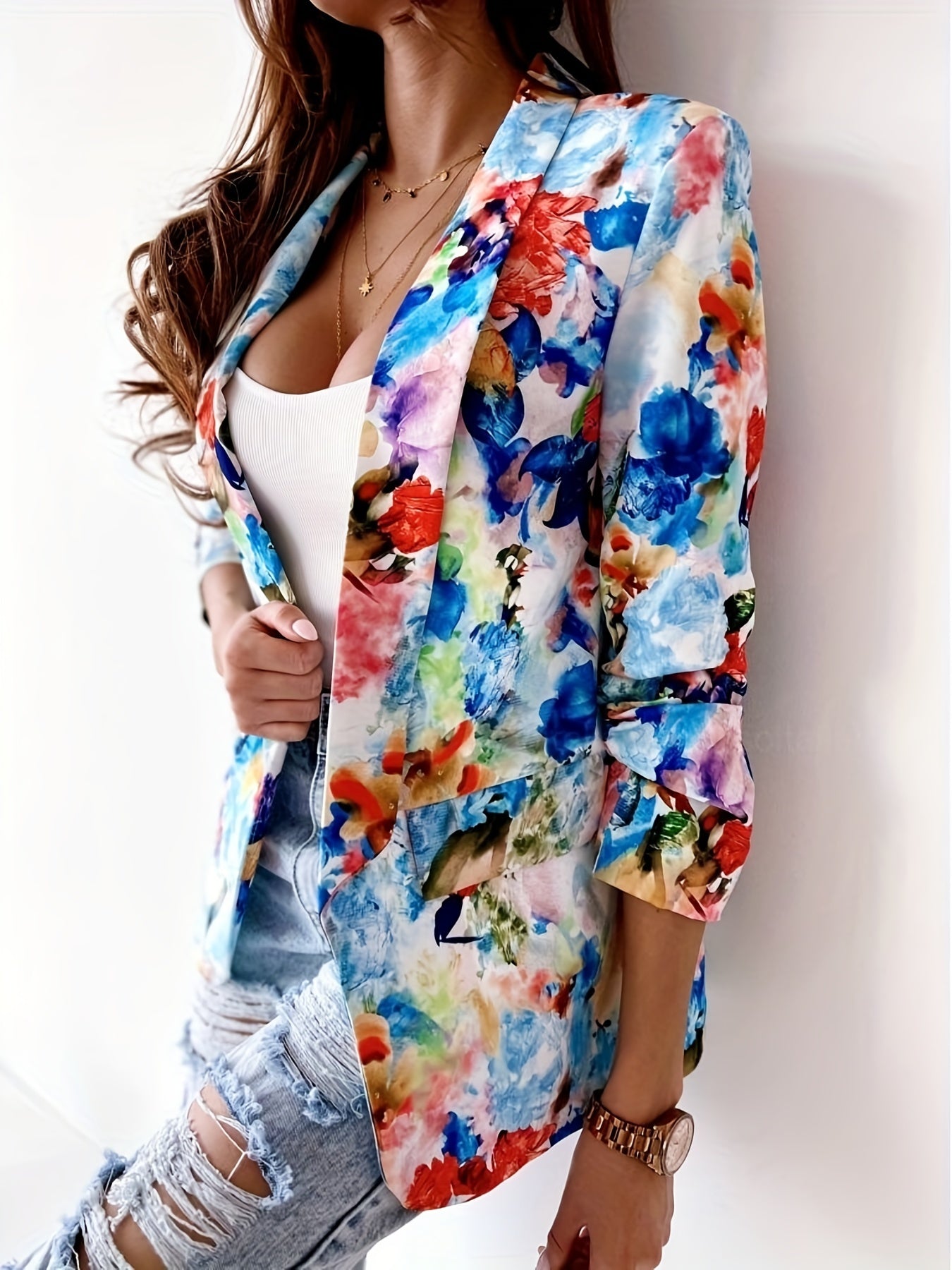  Tie Dye Long Sleeve Slim Fit Blazer With Pockets