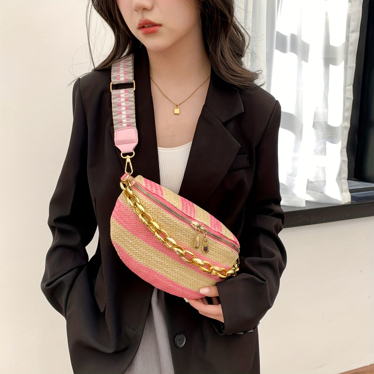 Straw Woven Waist Bag Boho Style Crossbody Bag Colorblock Stripes Chest Purses