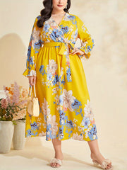  Floral Print Lantern Sleeve Dress With Belt