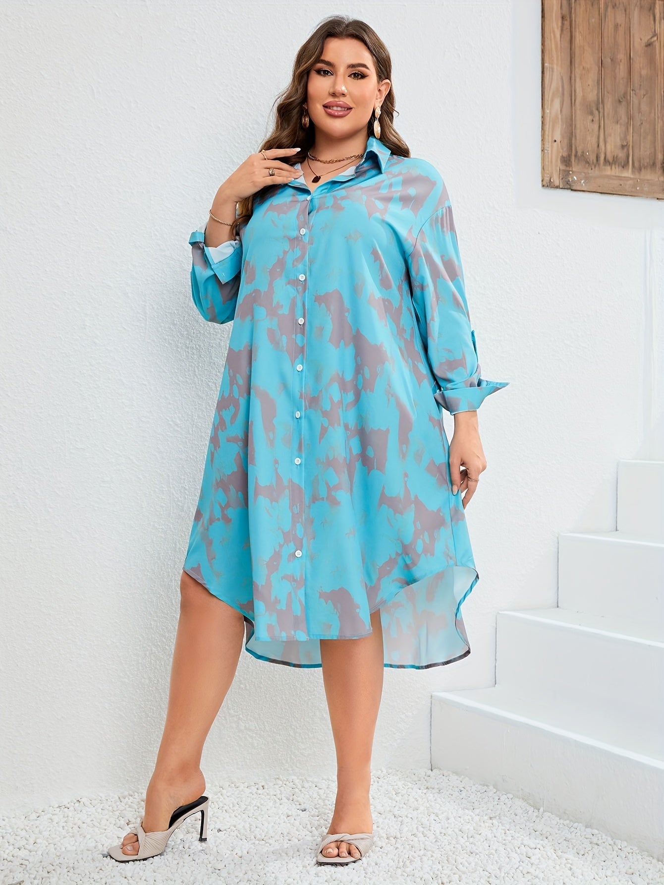  Tie Dye Button Up Long Sleeve Shirt Dress