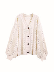  Solid Cable Button Up Lantern Sleeve Cardigan
