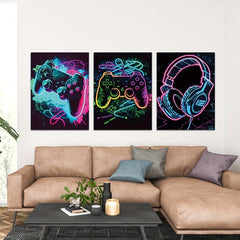 Neon Gaming Controller Canvas Print Poster Home Decor