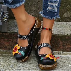 Women's Floral Platform Mules Closed Toe Wedge Slides Sandals