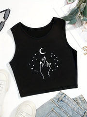 Moon Print Crop Tank Top Sleeveless Casual Summer Top