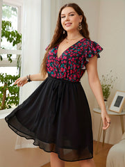 Floral Ruffle Sleeve Surplice Neck Summer Dress With Belt