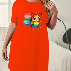  Bee & Heart Print Nightdress Round Neck Short Sleeve Sleep Dress