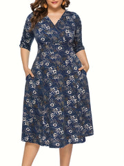  Cactus Print Surplice Neck Midi Dress With Pockets