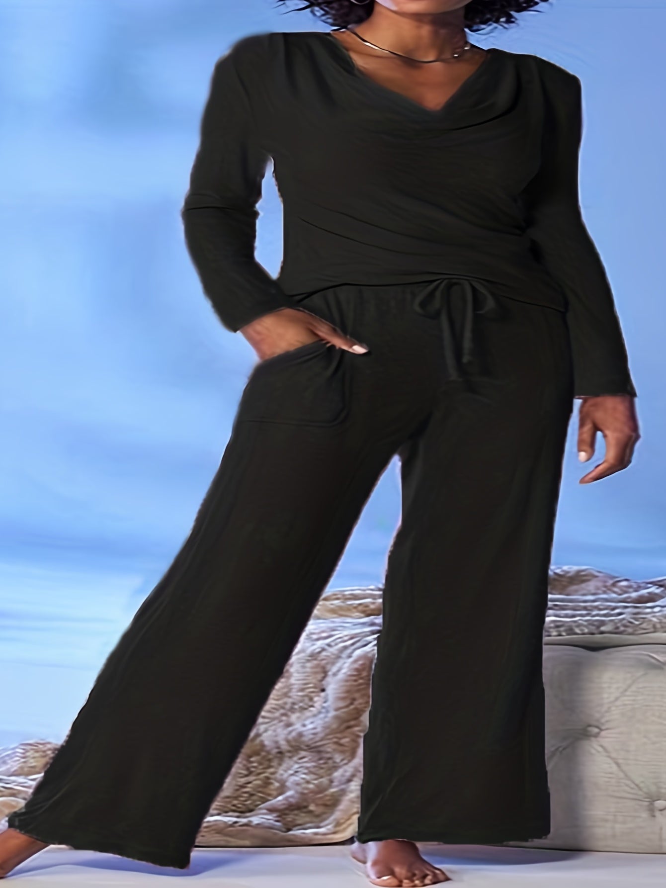  Solid Long Sleeve Top & Wide Leg Pants Set
