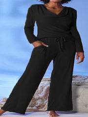  Solid Long Sleeve Top & Wide Leg Pants Set