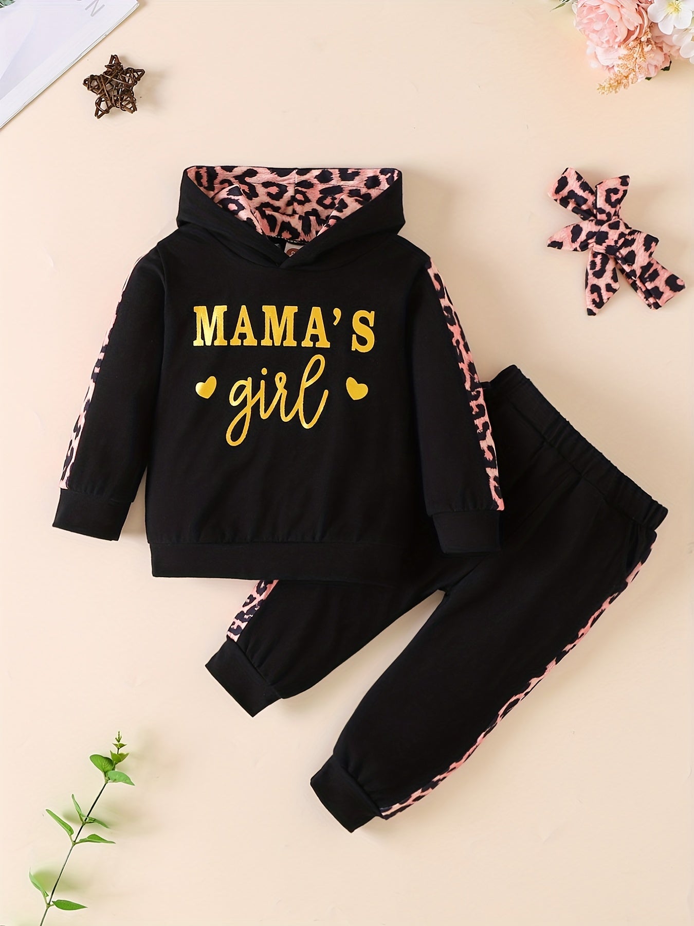 3pcs Baby Girls Hoodie Set Leopard Print Sweatshirt Pants Headband