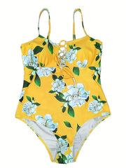  Vacay Swimsuit Women's Plus Floral Print Lace One Piece Bathing Suit