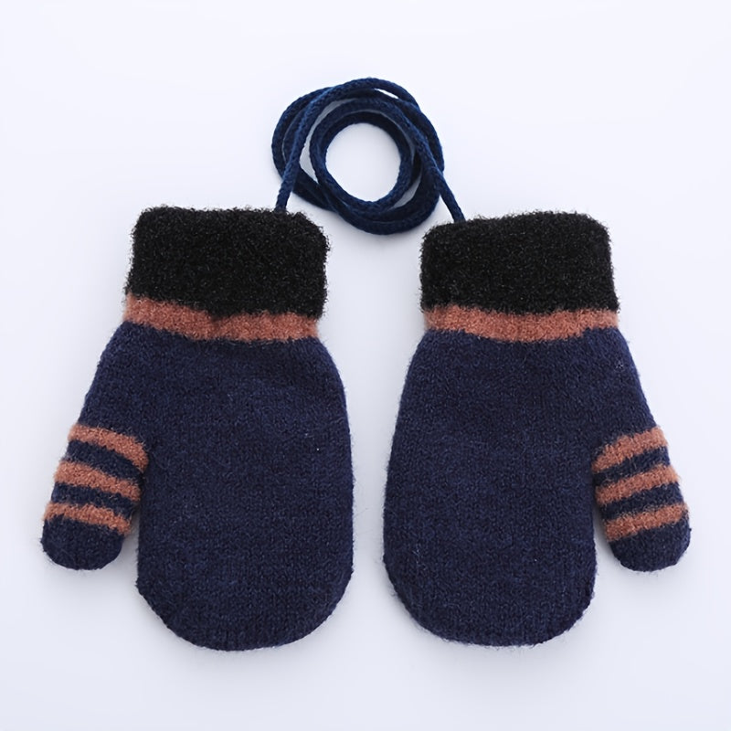 Kids Striped Knit Gloves Double Layer Warm Mittens