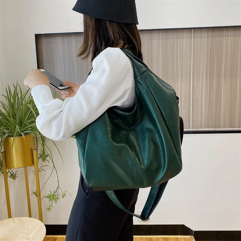 Green Women Shopper Tote Large Capacity Soft Leather Messenger Handbag