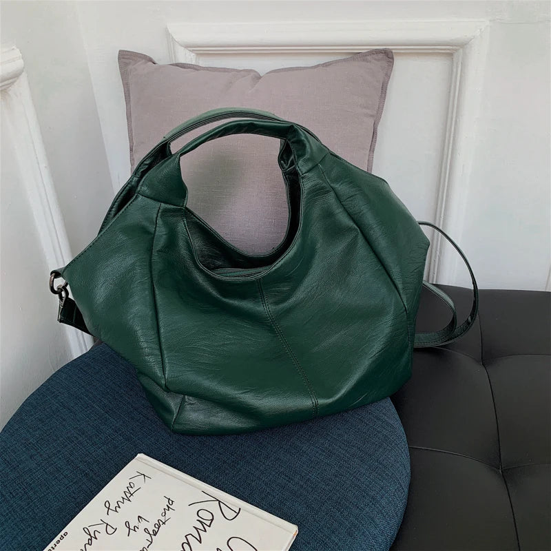 Green Women Shopper Tote Large Capacity Soft Leather Messenger Handbag