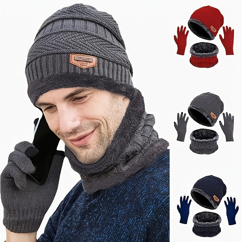 Winter Knitted Hat Scarf Gloves Set Velvet Lining Touch Screen Thermal Gloves