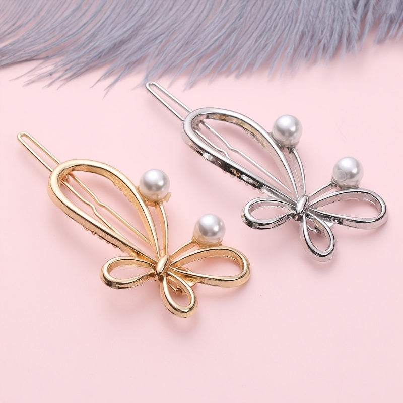 Vintage Golden Hair Clip with Faux Pearl, Bow Knot Design