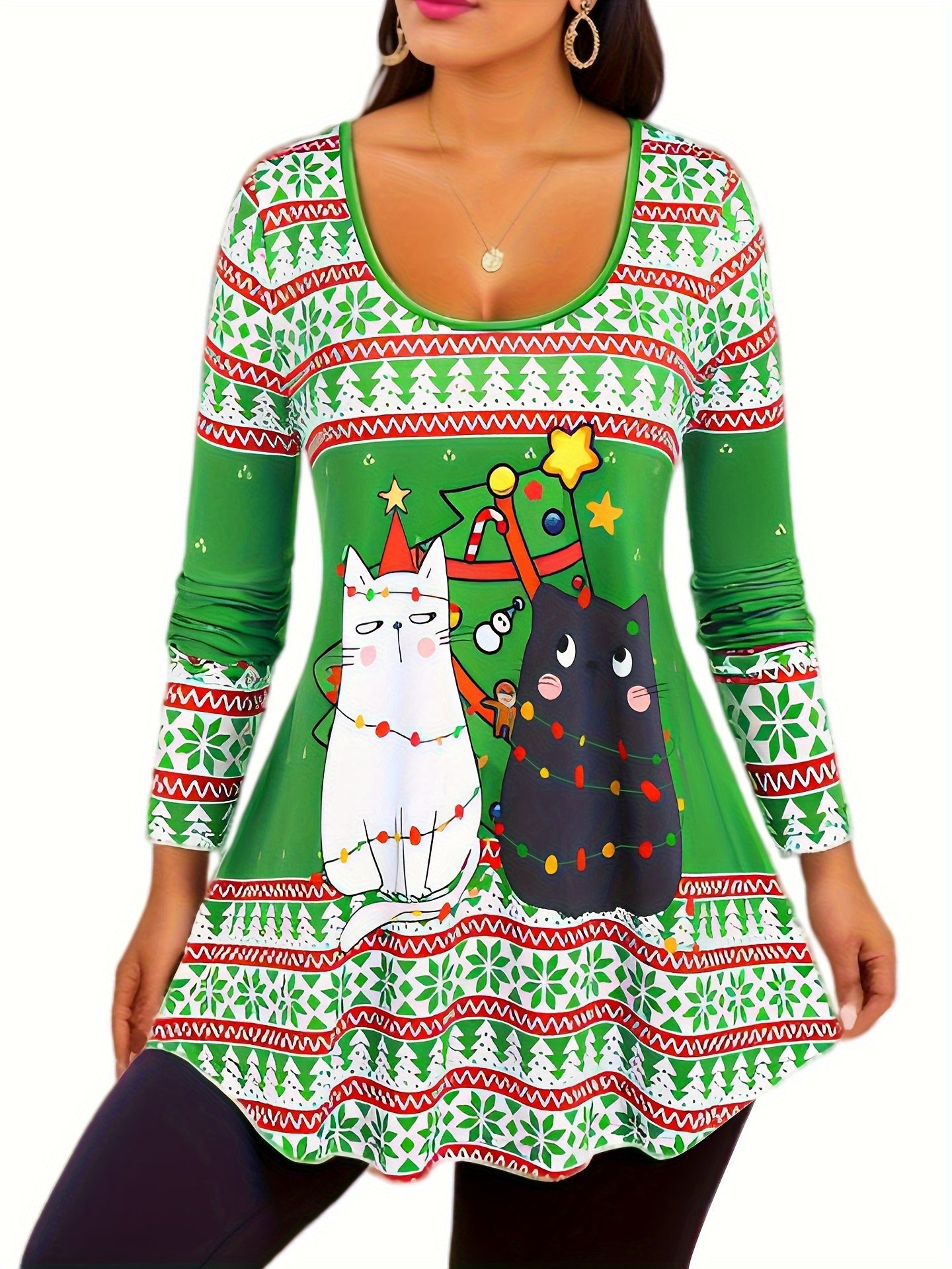  Christmas Outfits Set Women's Plus Christmas Tree & Cat Print