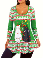  Christmas Outfits Set Women's Plus Christmas Tree & Cat Print