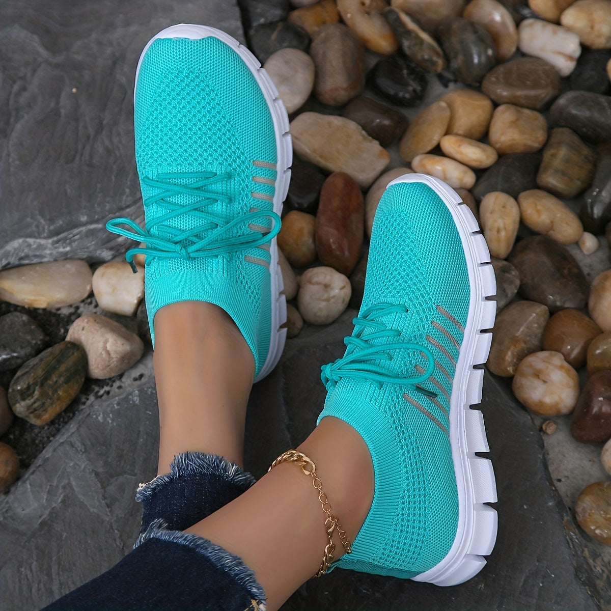 Women's Lace Up Knit Weaving Sneakers Breathable Mesh Running Shoes