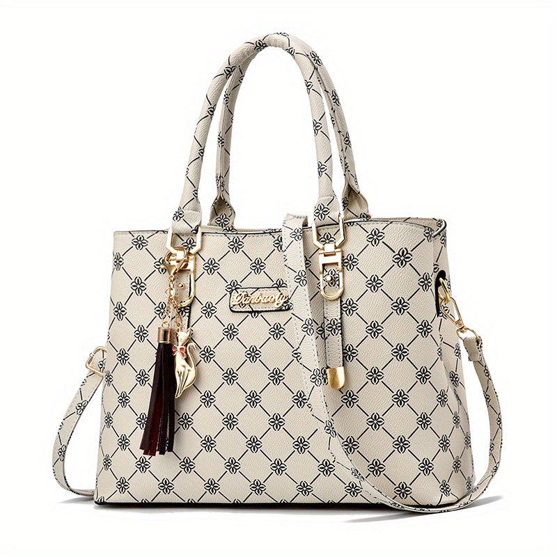 Vintage Geometric Print Tote Bag Retro Top Handle Satchel Purse