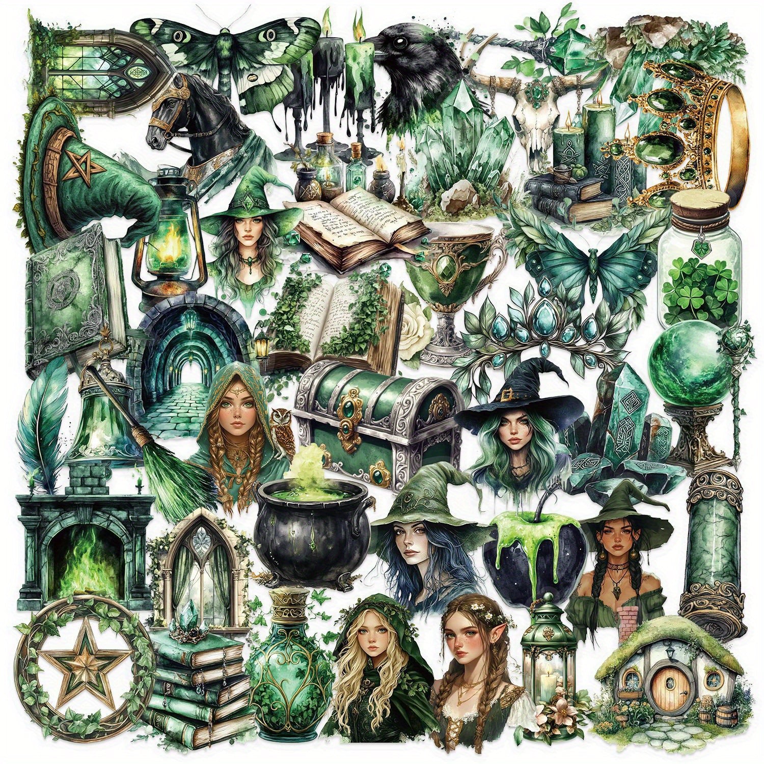 50pcs Transparent Forest Witch Cartoon Decals Vinyl Stickers Mystical Art