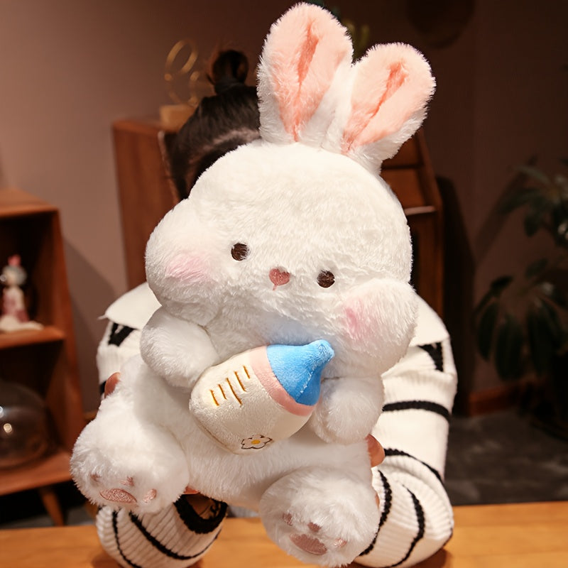 Rabbit Plush Toy with Pink Ears & Bottle - Home Decor for Halloween