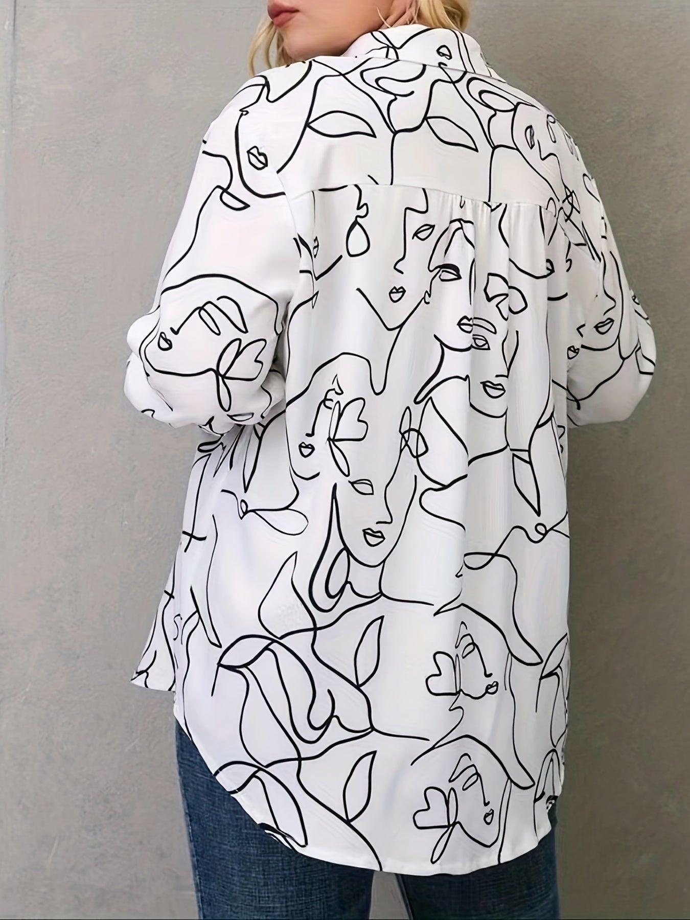  Abstract Figure Print Button Up Blouse
