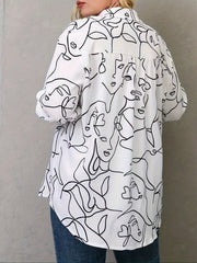  Abstract Figure Print Button Up Blouse