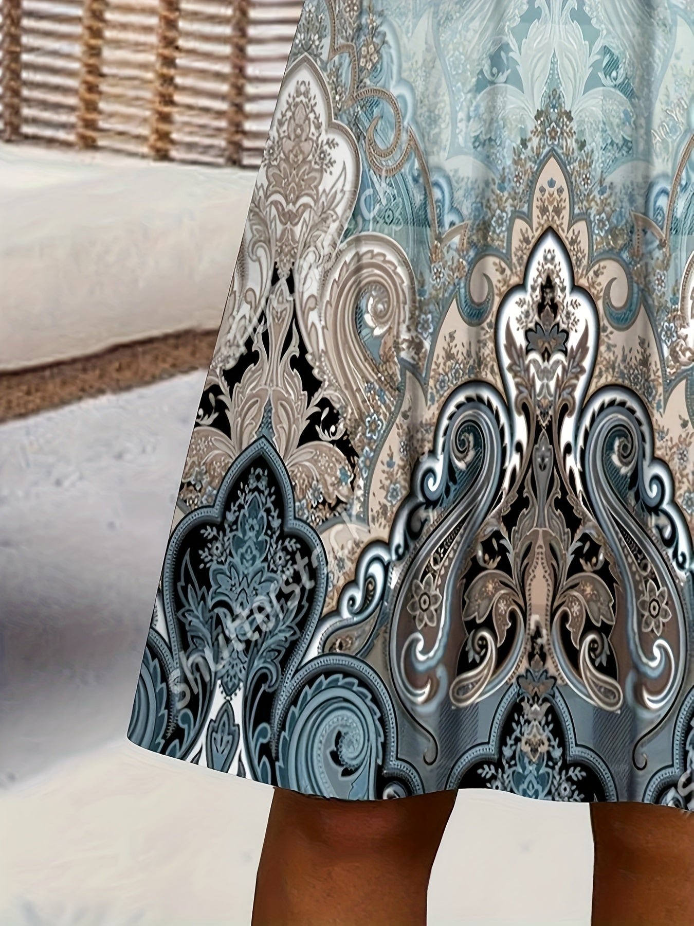  Boho Dress Women's Plus Paisley Print Long Sleeve V Neck Tee Dress