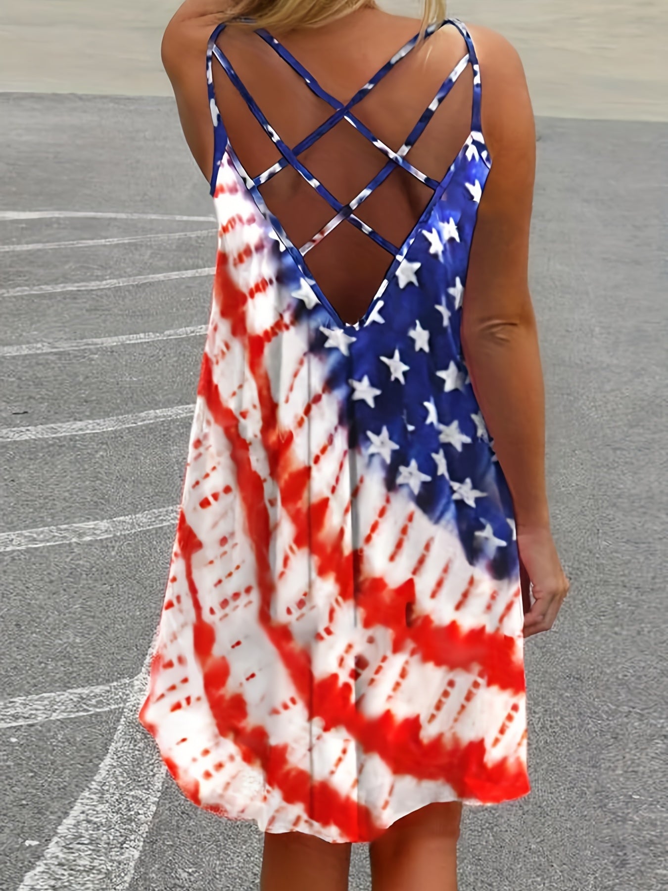  Casual Dress Women's Plus Flag Print Round Neck Loose Fit Cami Dress