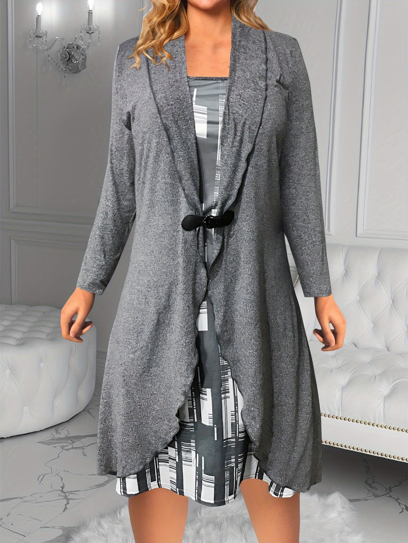  Colorblock Geometric Print Long Sleeve Dress