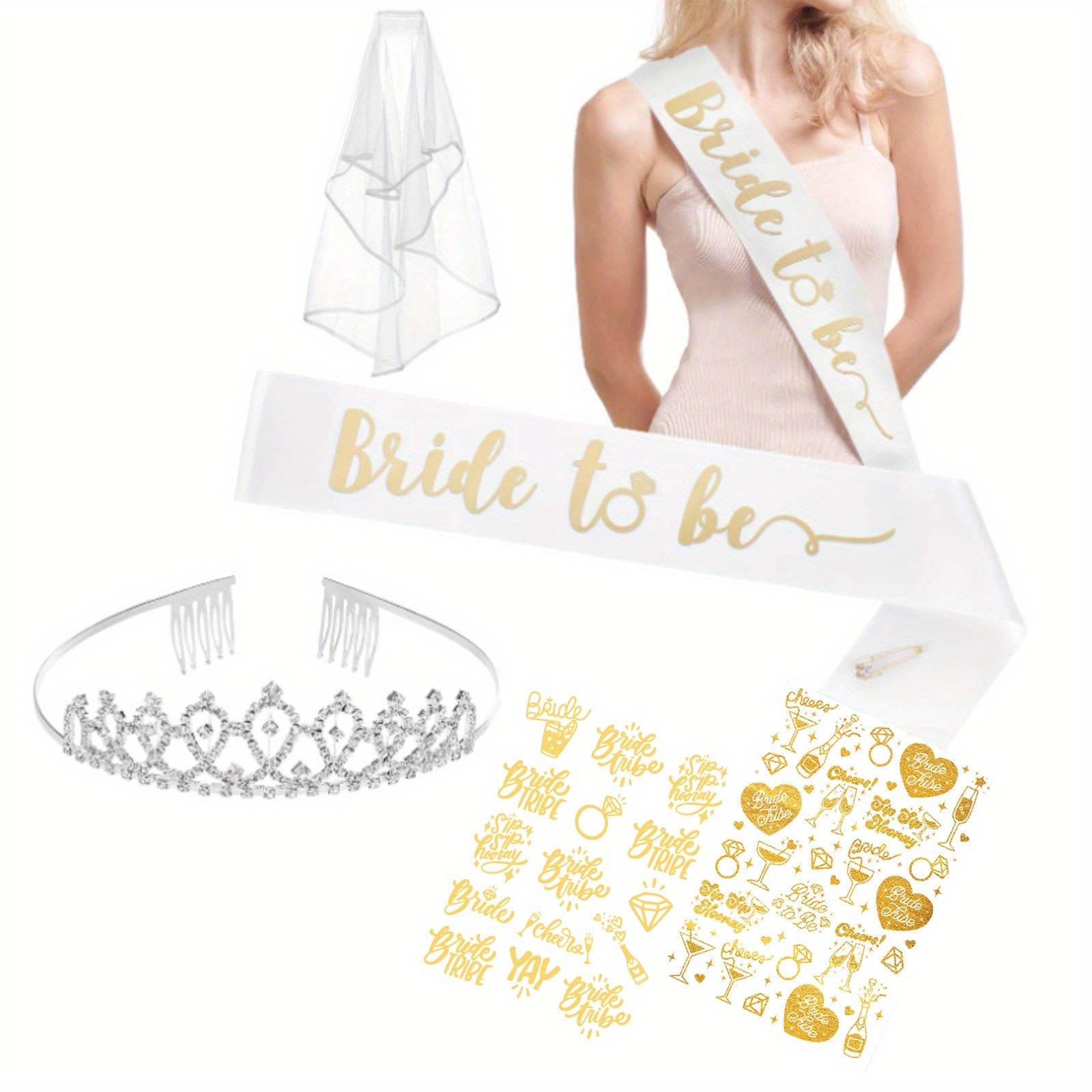 6pcs French Bridal Veil Wedding Headpiece Set with Belt and Crown