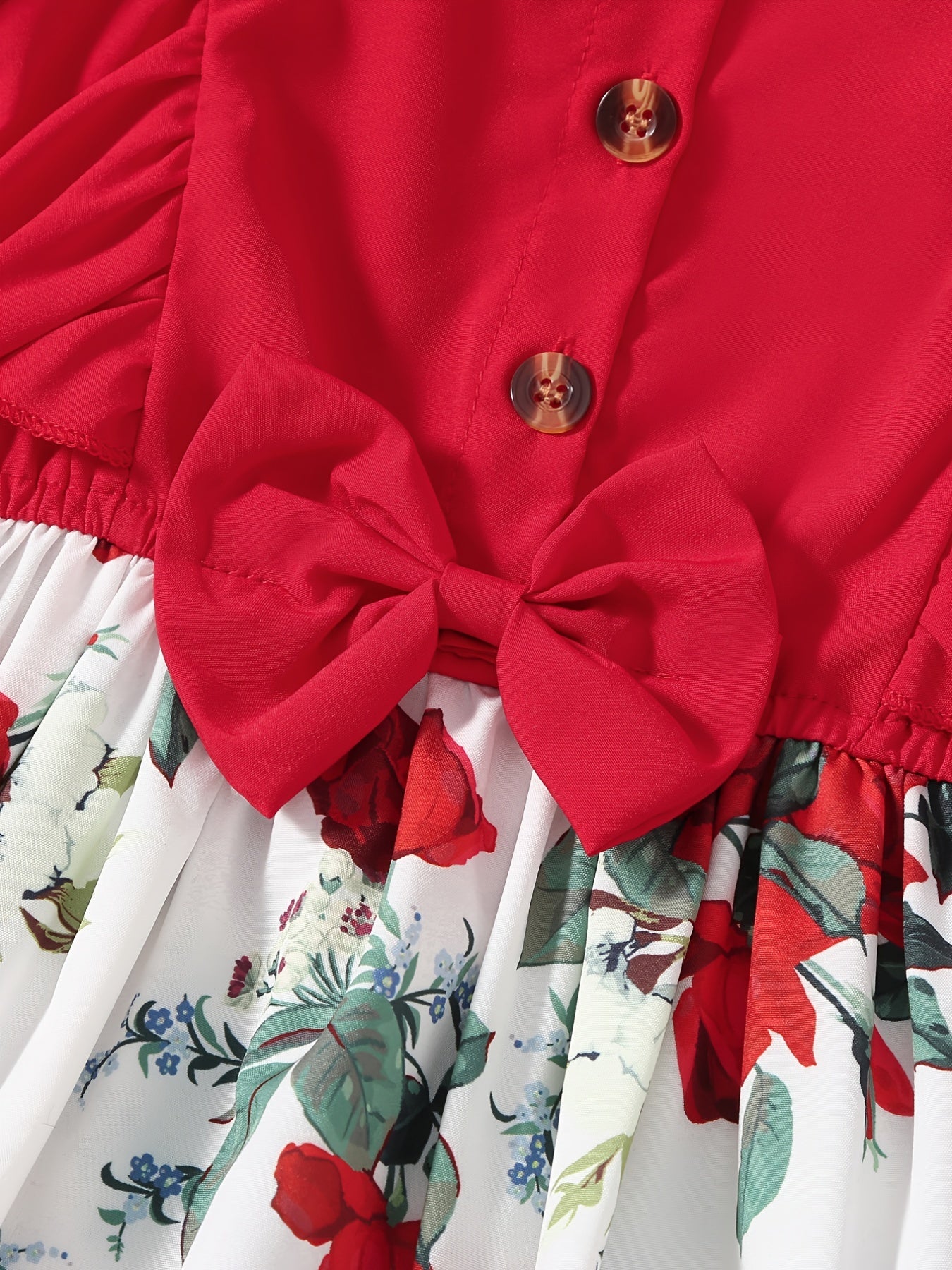 Girls Sleeveless Ruffles Crew Neck Button Flowers Print Bow Decor Princess Dress