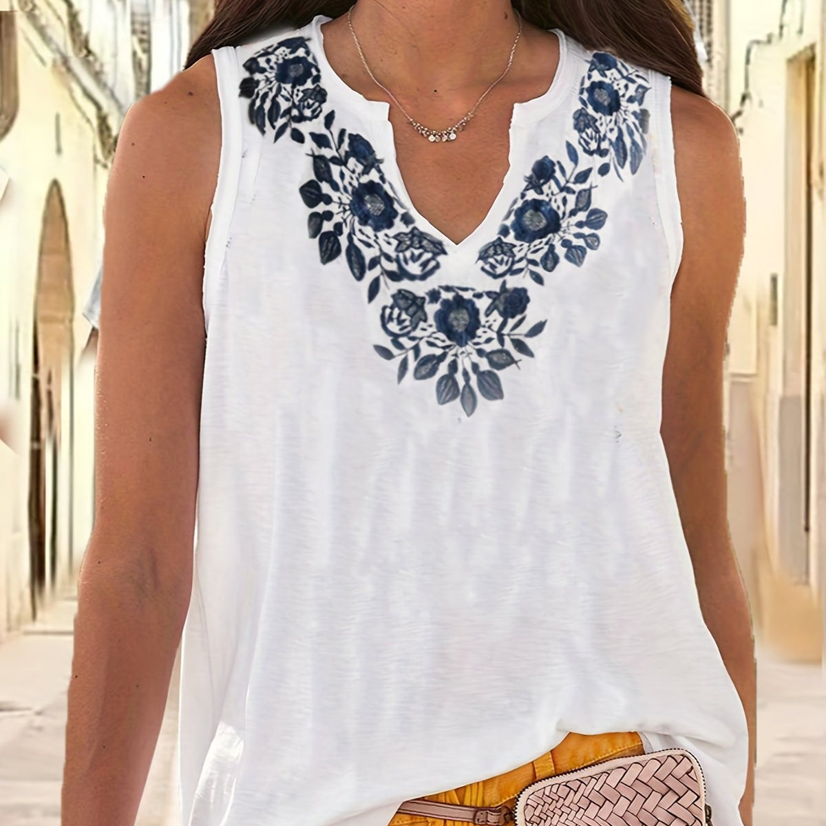  Floral Print Notched Neck Sheer Tank Top
