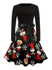  Christmas Casual Dress Women's Plus Colorblock Graphic Print