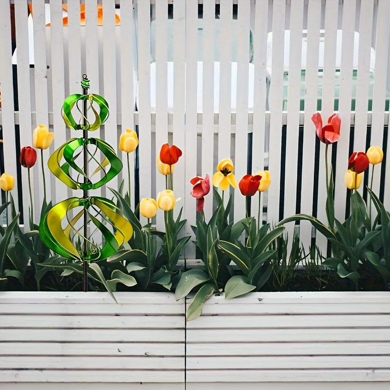 1pc Rotating Windmill Yellow Green Metal Garden Yard Windmill