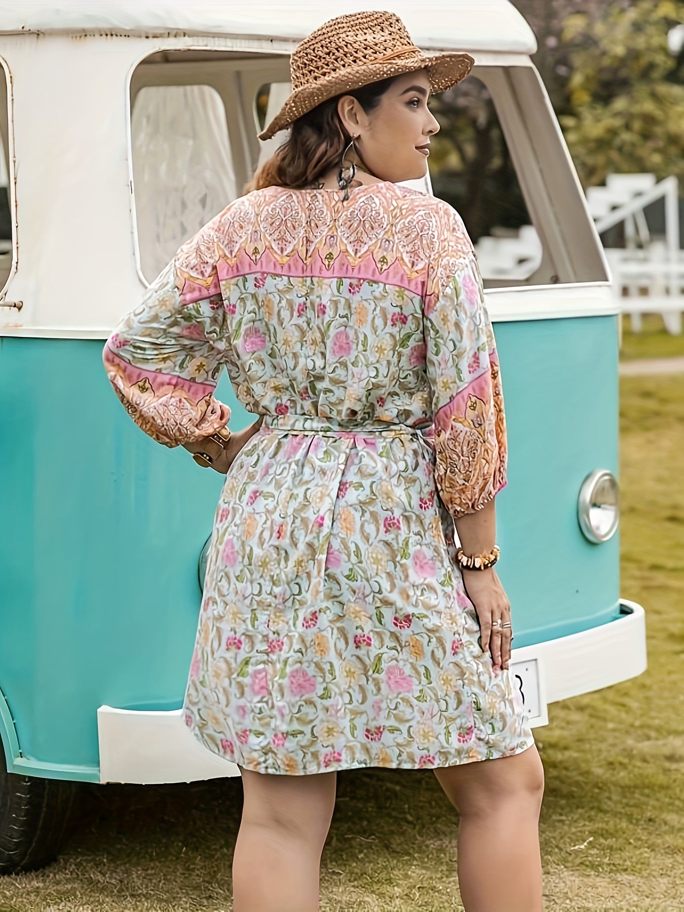  Colorblock Floral Print Lantern Sleeve Mini Dress With Belt