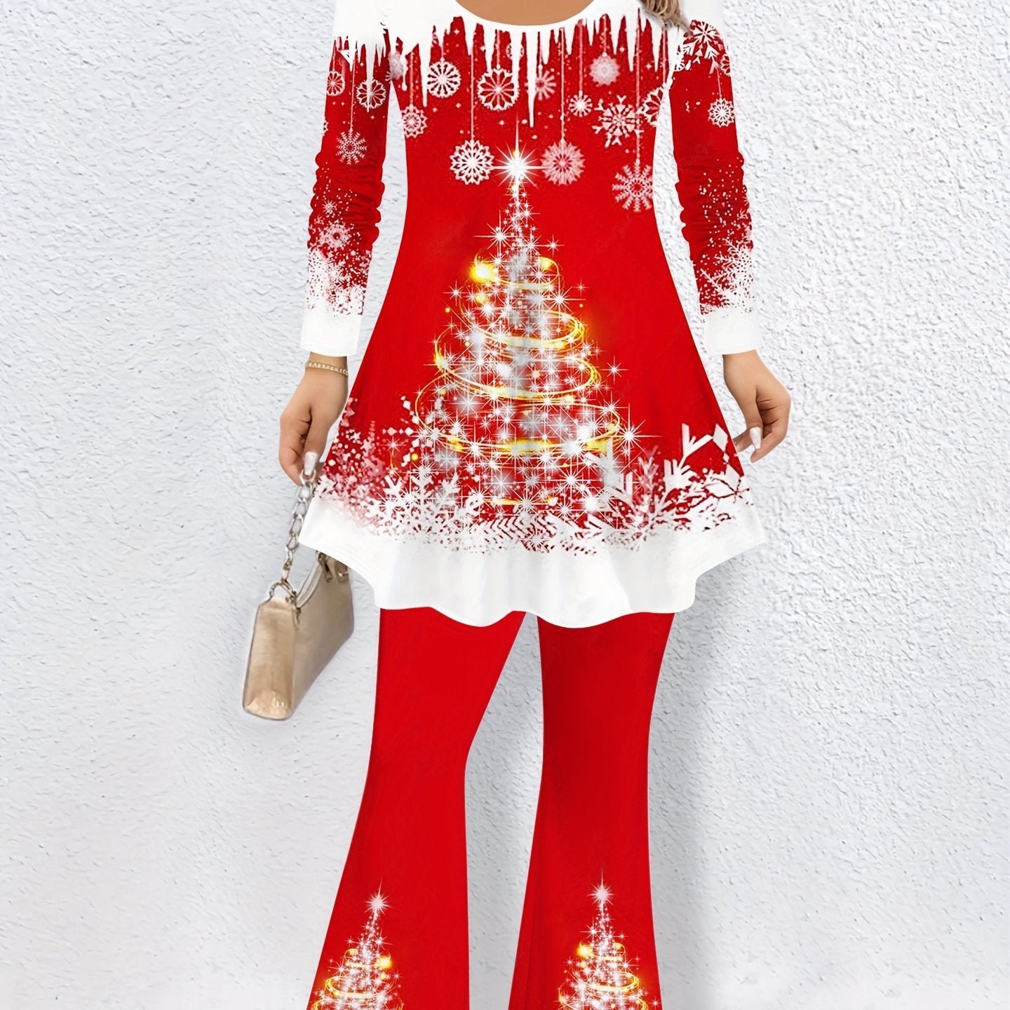 Women's Plus Colorblock Tree Print Long Sleeve Top & Flared Leg Pants Set