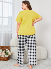  Casual Loungewear Set Women's Plus Short Sleeve Top & Gingham Pants