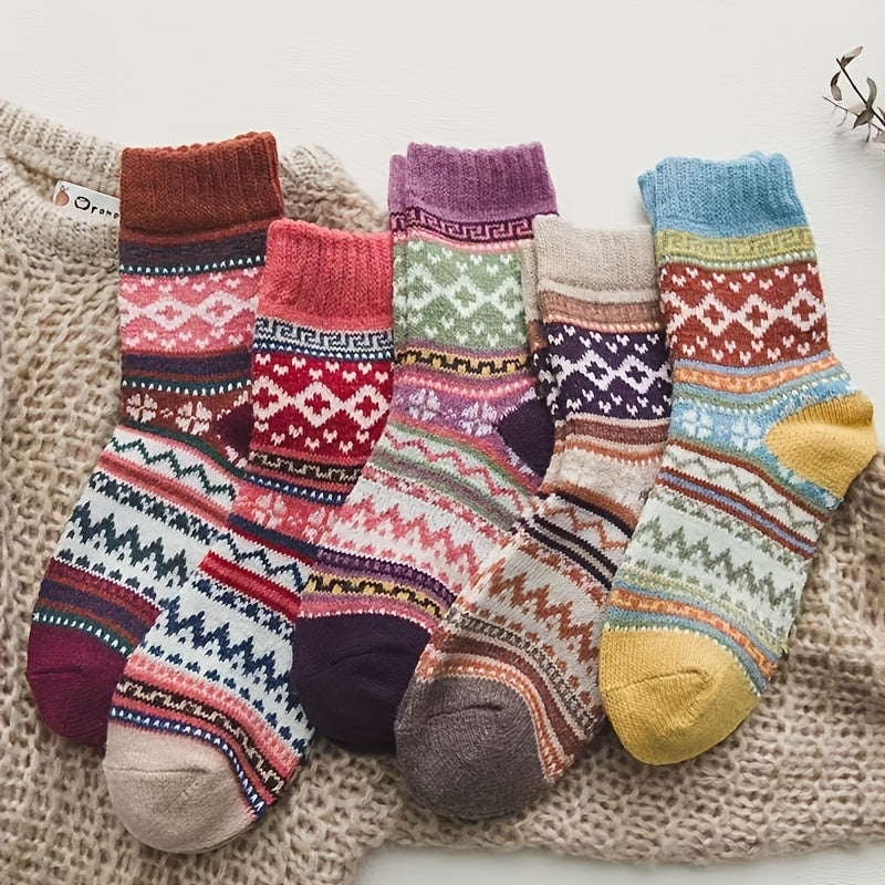 5 Pairs Geometric Pattern Socks Warm Mid Tube Women's Stockings