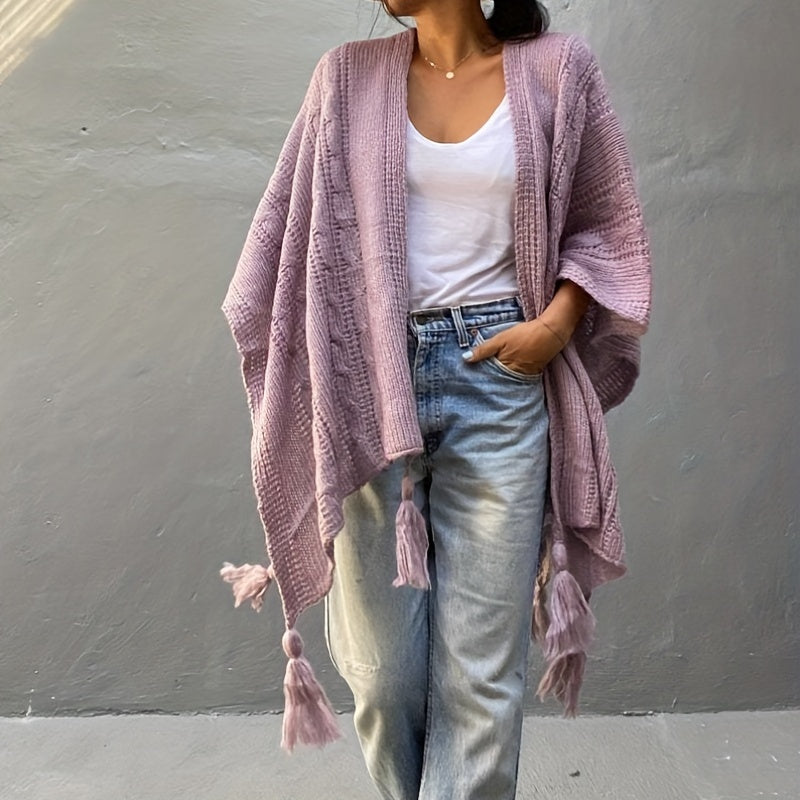 Ribbed Knitted Tassel Shawl Windproof Wrap Poncho Boho Cloak Sweater