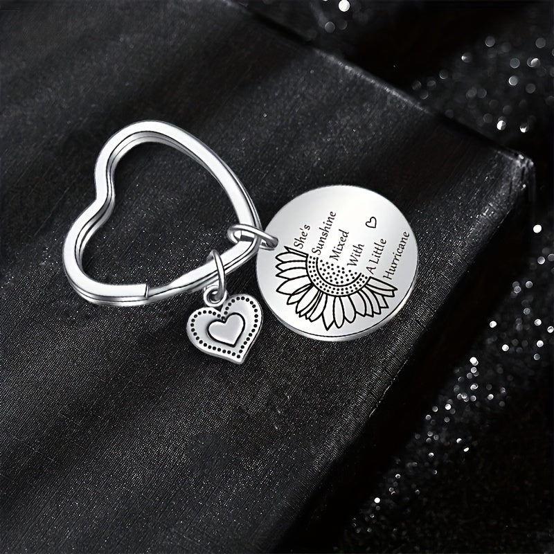 Heart Keychain Engraved Sunflower Inspirational Letter Keyring