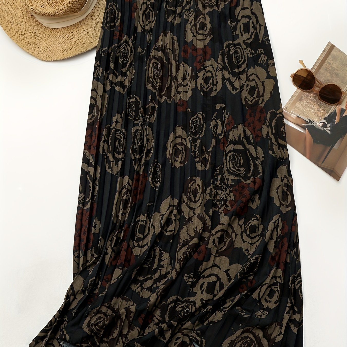  Rose Print Pleated Skirt