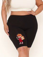 Women's Plus Graphic & Letter Print High Rise Skinny Fitness Shorts