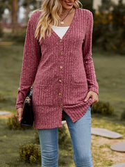  Solid Ribbed Button Up Cardigan with Pockets