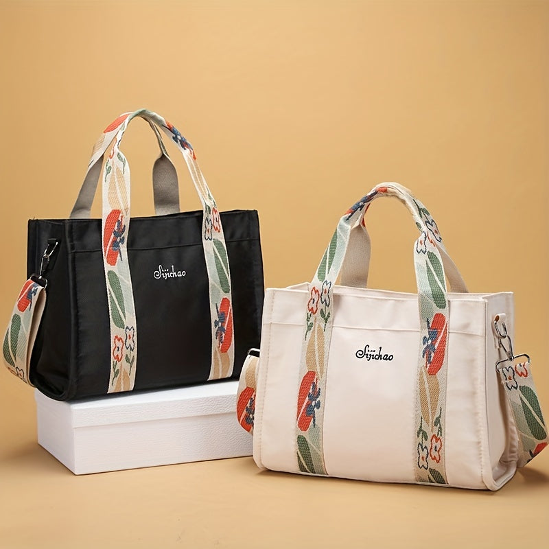 Canvas Tote Handbag with Flower Print Strap