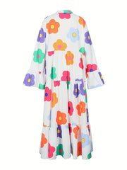 Floral Print Bell Sleeve V Neck Smock Dress
