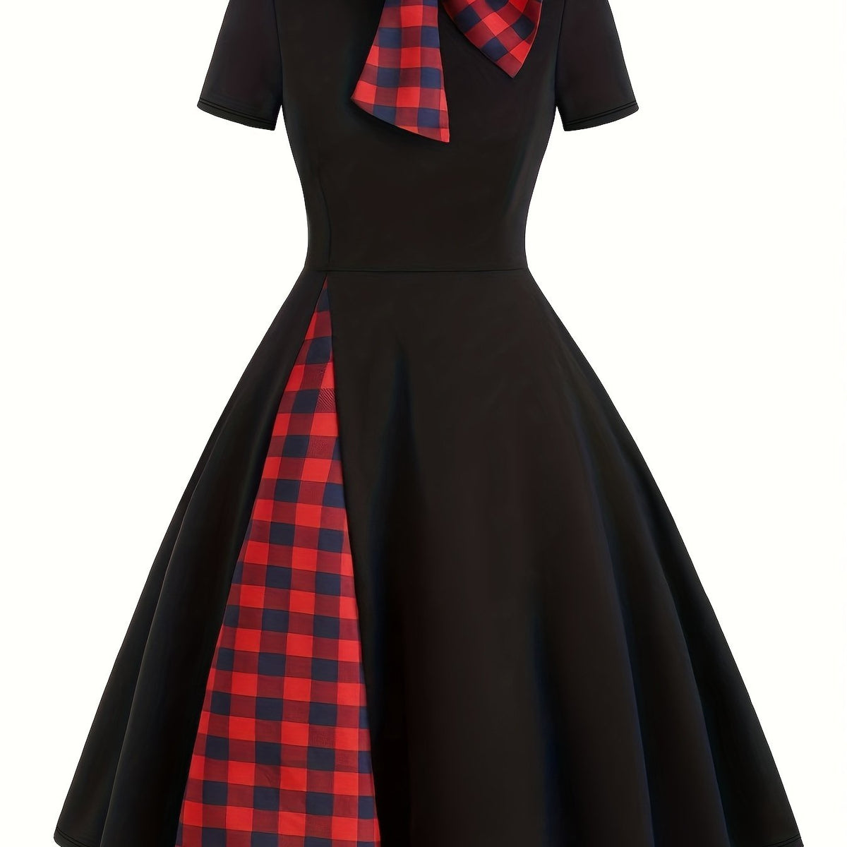  Colorblock Gingham Print Short Sleeve Dress